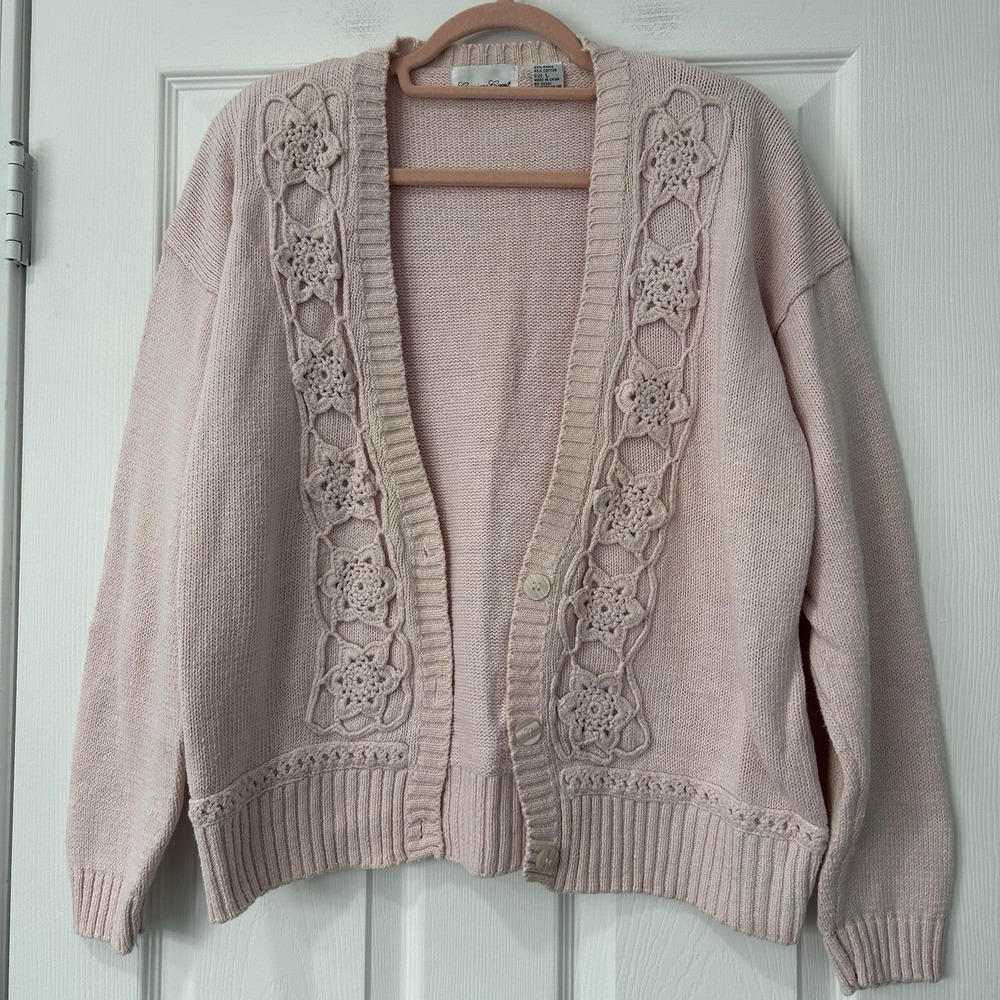 Vintage Pink Grandmacore Coquette Cardigan Crochet Floral Cottagecore Size Large